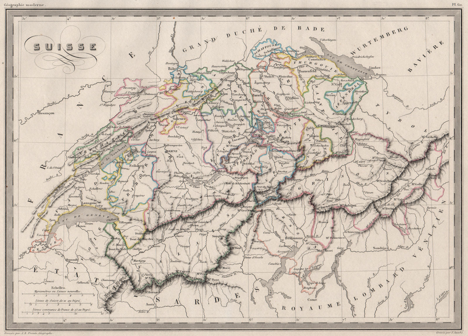 SWITZERLAND. Suisse. Cantons. Original outline colour. MALTE-BRUN c1846 map